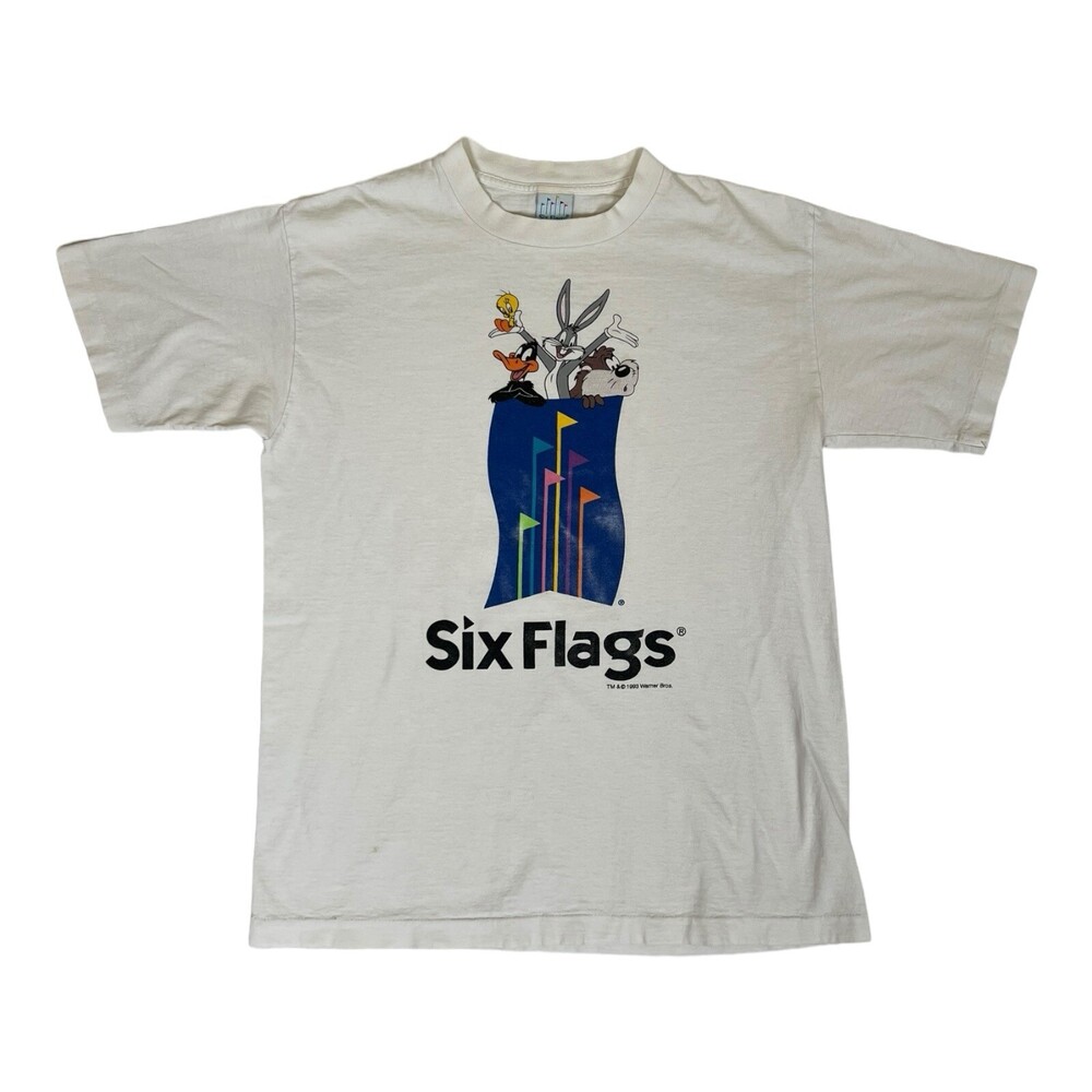 Vintage Six Flags Warner Bros T-Shirt Size L Taz Bugs Bunny Tweety USA Made 90s